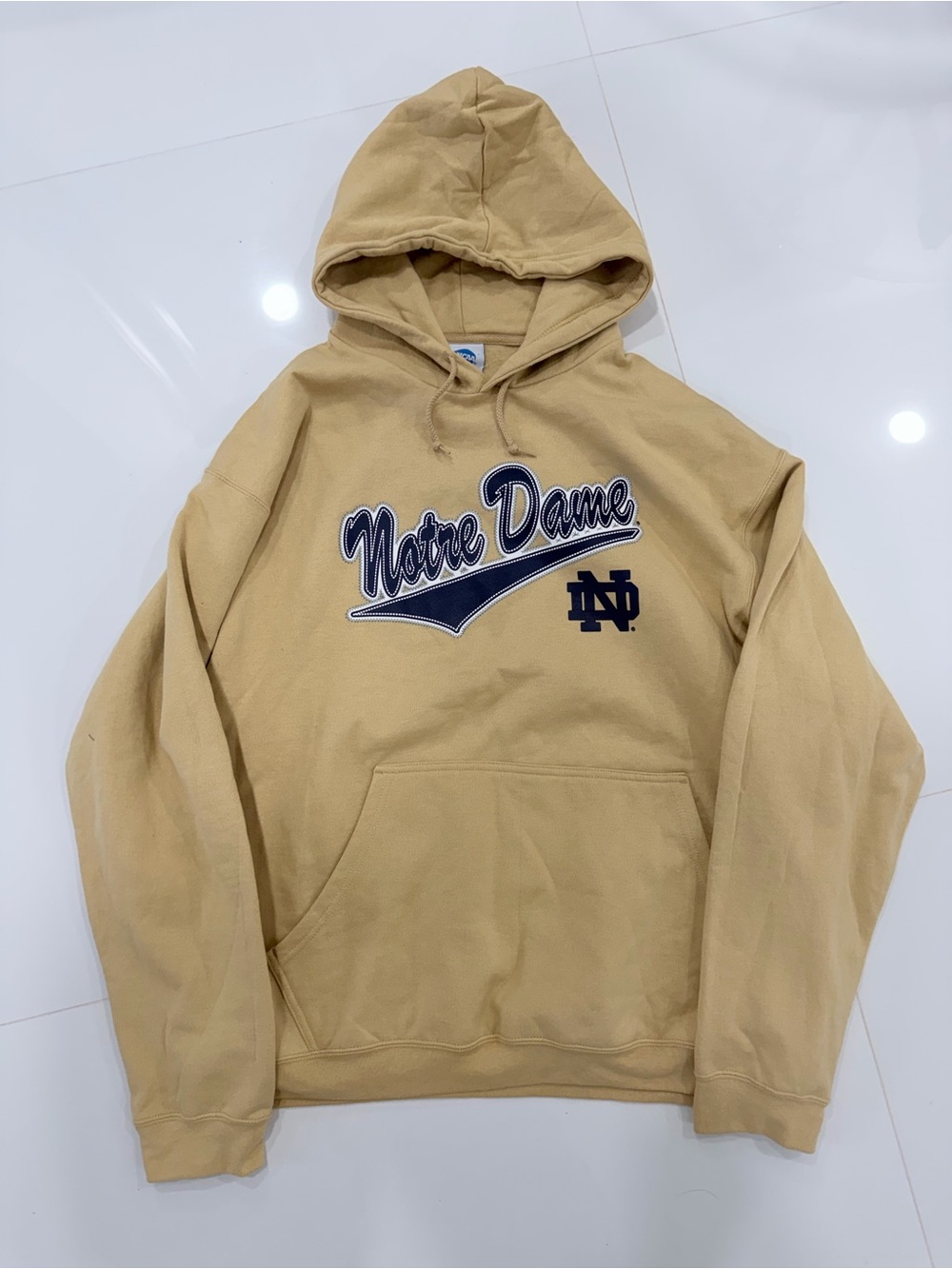 Vintage Notre Dame NCAA Hoodie XL Beige Embroidered Spellout